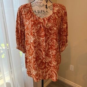 Bobeau Rust and White Paisley Blouse
